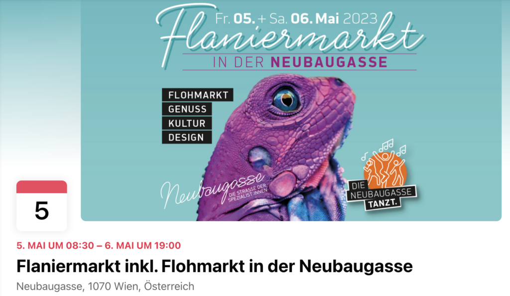 Screenshot von der Flaniermarkt Veranstaltung auf Facebook Mai 2023 Neubaugasse