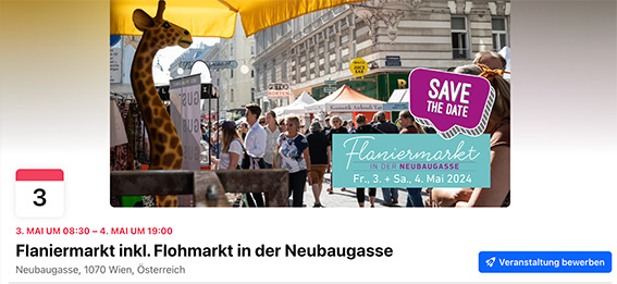 Facebook Veranstaltungsbild Flaniermarkt in der Neubaugasse Mai 2024 Wien
